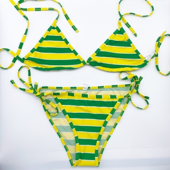 🙋🍍Classic String Bikini OS Stripes Yellow Green - Picture 1 of 3